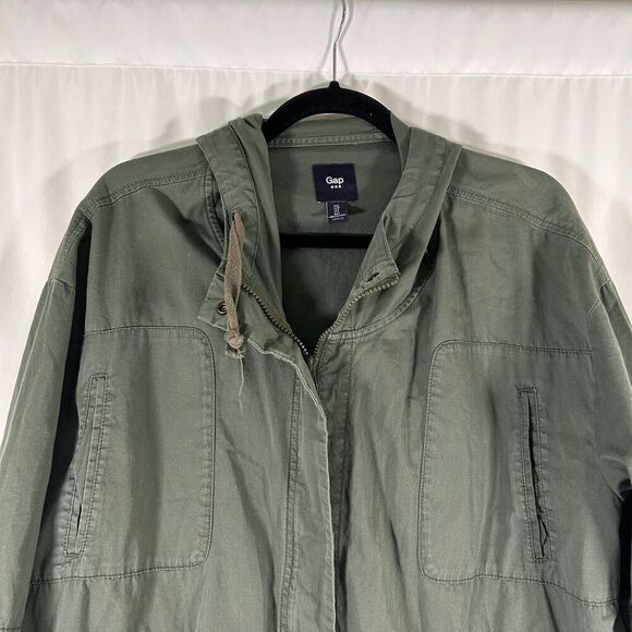 Gap Jacket Women's Large Green Full Zip Hooded Full Zip Pockets 100% Cotton - Picture 2 of 7